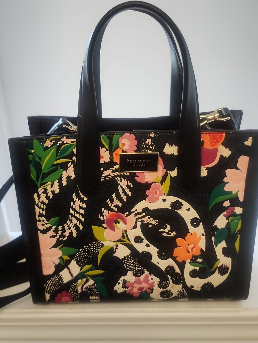 Kate Spade Manhattan Snake Print Small Tote KJ907 Black Multi Floral Leather